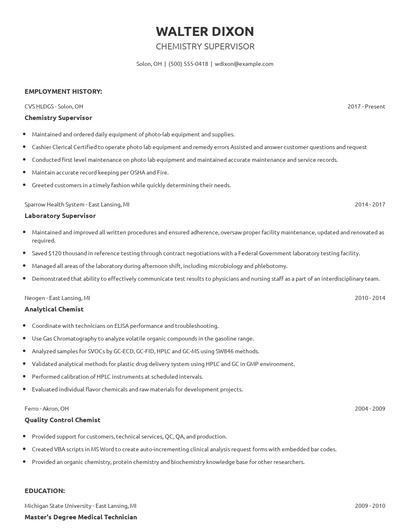 Chemistry Supervisor Resume