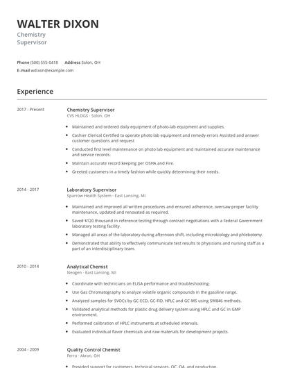Chemistry Supervisor Resume