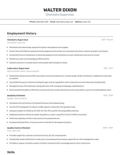 Chemistry Supervisor Resume