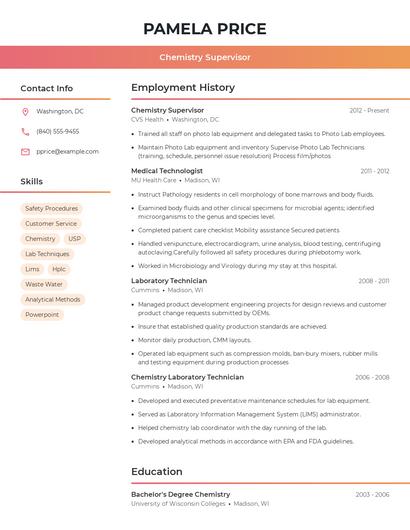 Chemistry Supervisor Resume