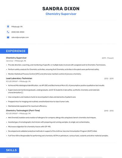 Chemistry Supervisor Resume