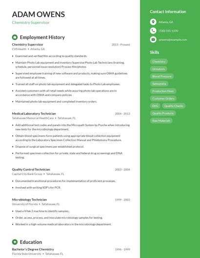 Chemistry Supervisor Resume