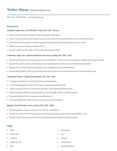 Chemistry Supervisor Resume