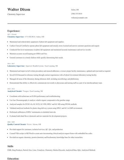 Chemistry Supervisor Resume