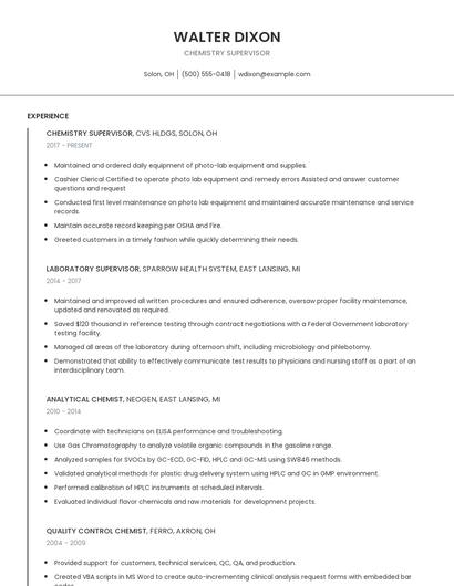 Chemistry Supervisor Resume