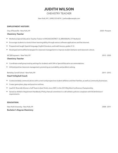 Chemistry Teacher Resume