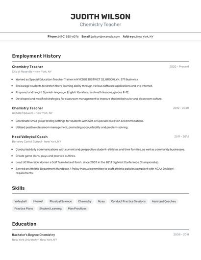 Chemistry Teacher Resume
