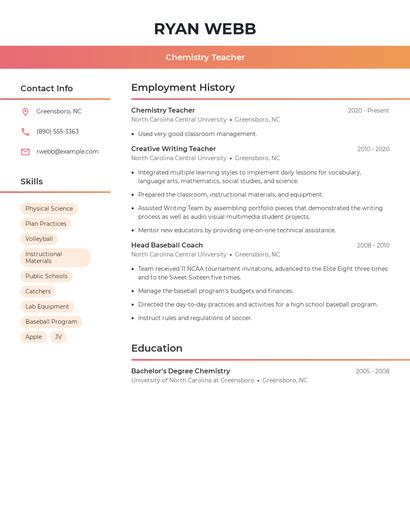 Chemistry Teacher Resume