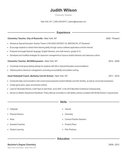 Chemistry Teacher Resume