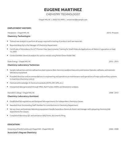 Chemistry Technologist Resume