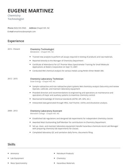 Chemistry Technologist Resume