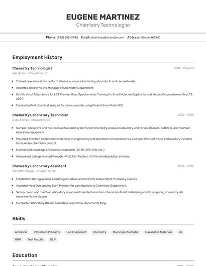 Chemistry Technologist Resume
