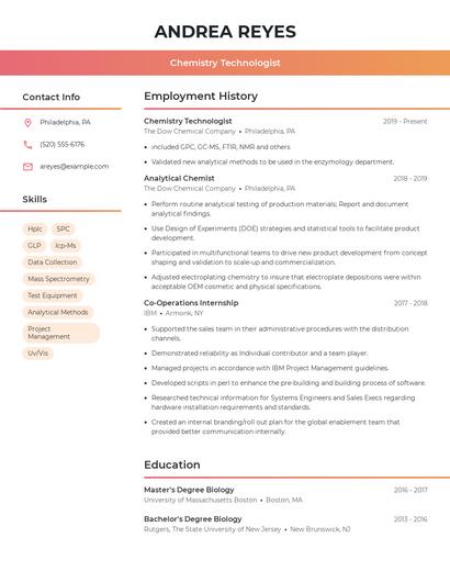 Chemistry Technologist Resume