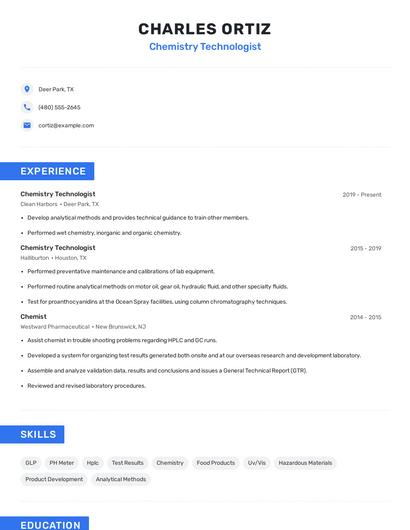 Chemistry Technologist Resume