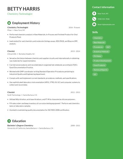Chemistry Technologist Resume