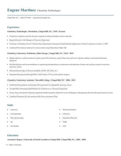 Chemistry Technologist Resume