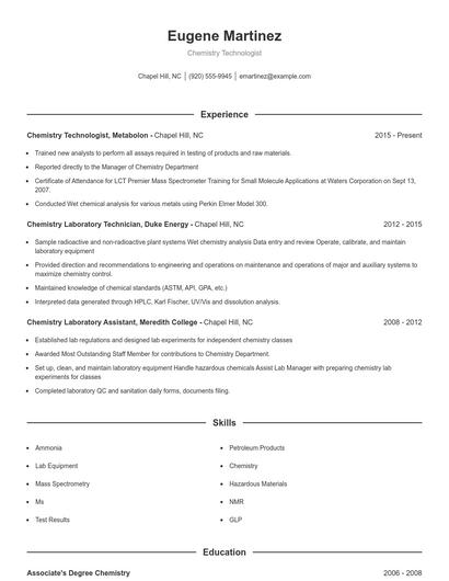 Chemistry Technologist Resume