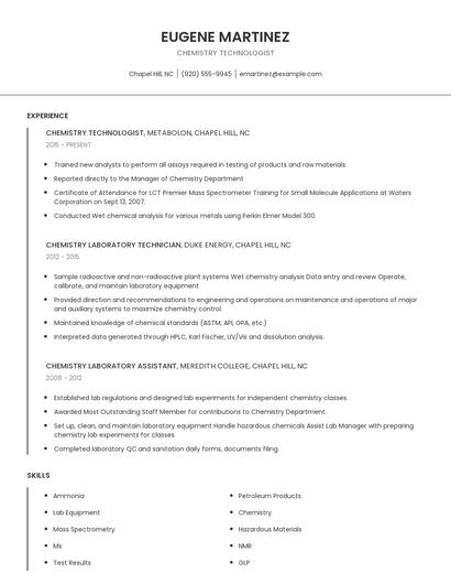 Chemistry Technologist Resume