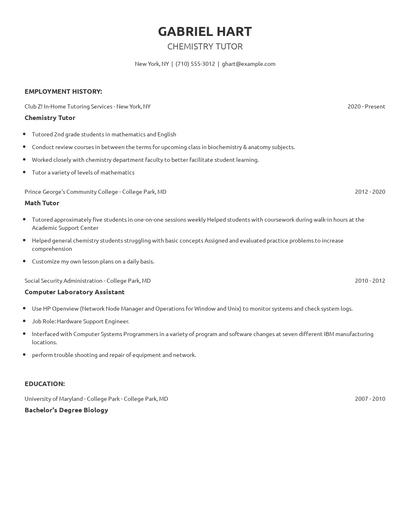 Chemistry Tutor Resume
