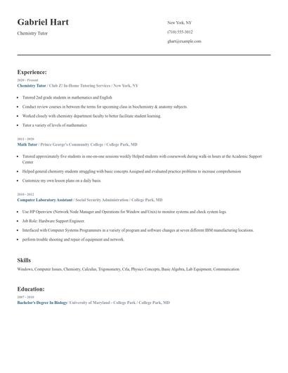 Chemistry Tutor Resume
