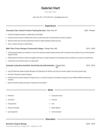 Chemistry Tutor Resume