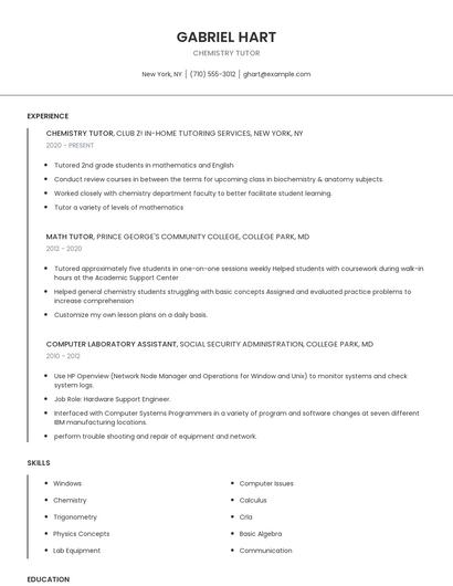 Chemistry Tutor Resume