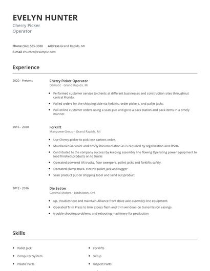 Cherry Picker Operator Resume