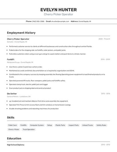 Cherry Picker Operator Resume