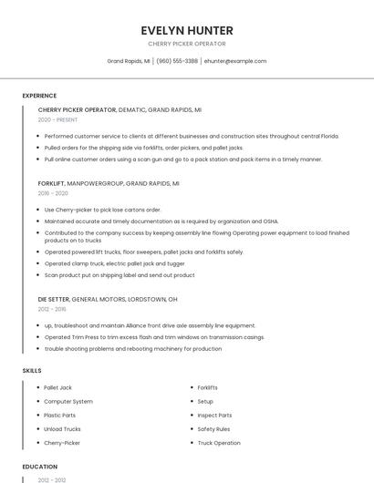 Cherry Picker Operator Resume