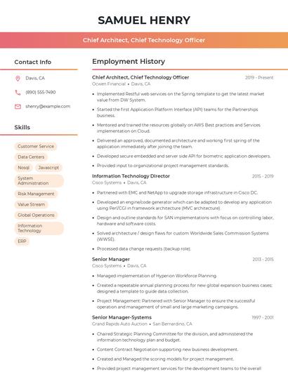 Chief Architect, Chief Technology Officer Resume