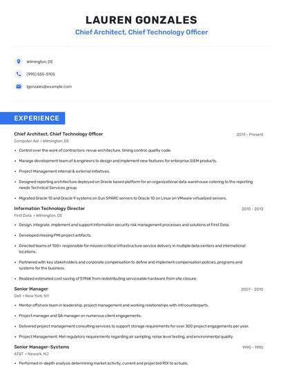 Chief Architect, Chief Technology Officer Resume