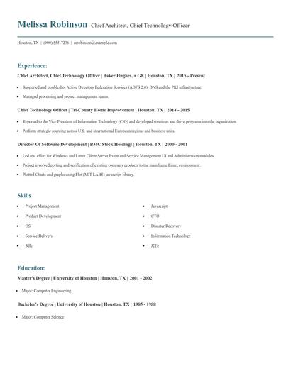 Chief Architect, Chief Technology Officer Resume
