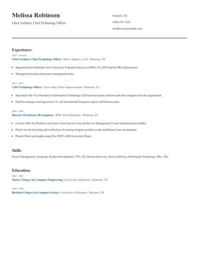 Chief Architect, Chief Technology Officer Resume