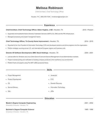 Chief Architect, Chief Technology Officer Resume