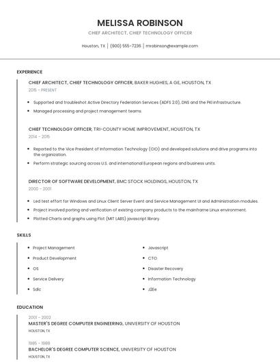 Chief Architect, Chief Technology Officer Resume