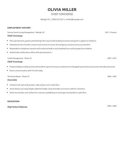 Chief Concierge Resume