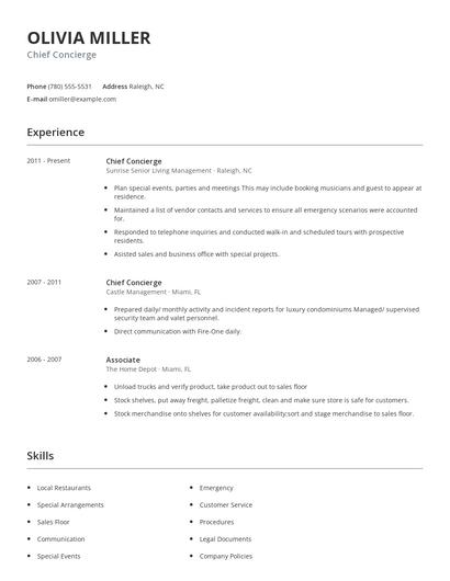 Chief Concierge Resume