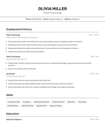 Chief Concierge Resume