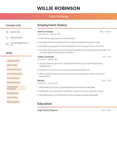 Chief Concierge Resume