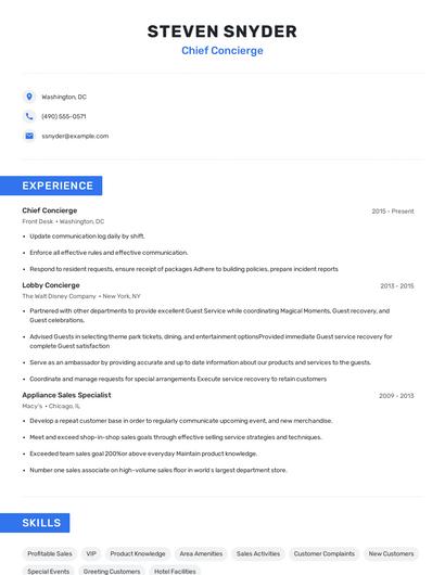 Chief Concierge Resume