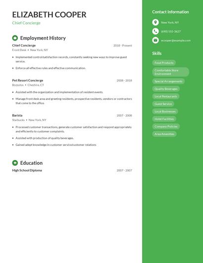 Chief Concierge Resume