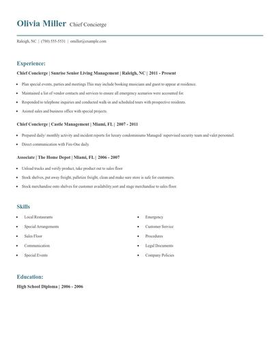 Chief Concierge Resume