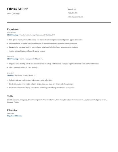 Chief Concierge Resume