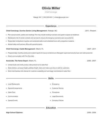 Chief Concierge Resume