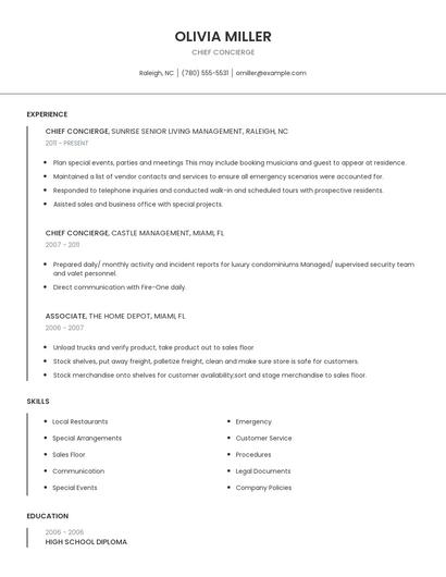 Chief Concierge Resume