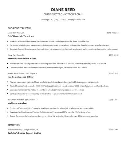 Chief Electronic Technician Resume