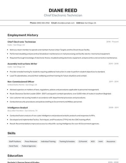Chief Electronic Technician Resume