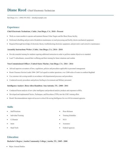 Chief Electronic Technician Resume