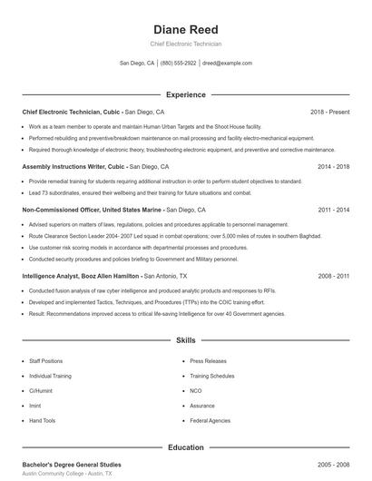 Chief Electronic Technician Resume