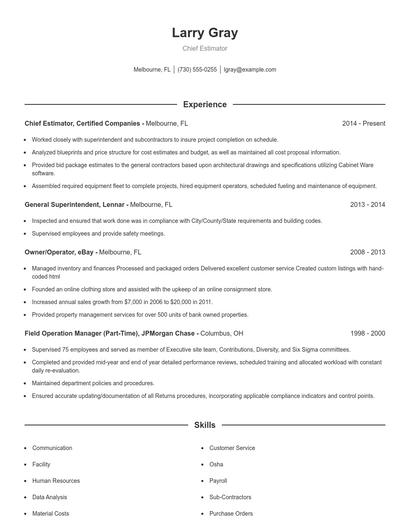 Chief Estimator Resume